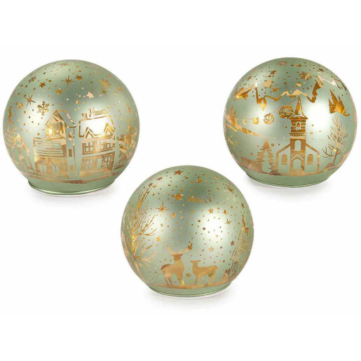 Set 3 sfere decorative Craciun sticla verde aurie cu led 9.5x9 cm