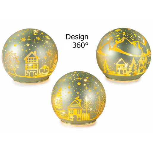Set 3 sfere decorative Craciun sticla verde aurie cu led 9.5x9 cm