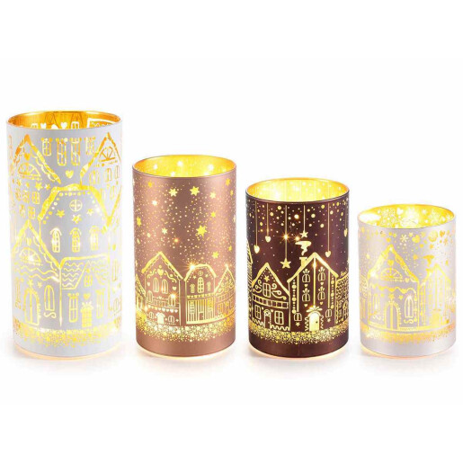 Set 4 candele Craciun sticla cu led  10x20.5 cm, 9x16.5 cm, 9x14.5 cm, 9x12.5 cm