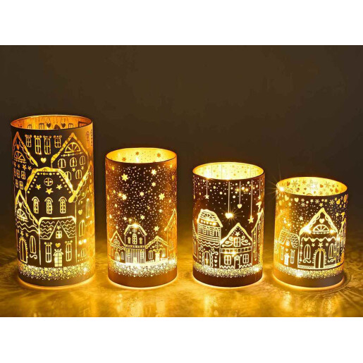 Set 4 candele Craciun sticla cu led  10x20.5 cm, 9x16.5 cm, 9x14.5 cm, 9x12.5 cm