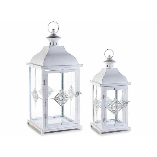 Set 2 felinare metal alb patinat 22x22x54.5 cm, 16x16x41 cm
