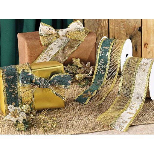 Set 4 panglici Craciun textil natur auriu verde 63 mm x 10 m