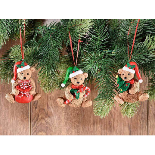 Set 3 ornamente brad Ursuleti polirasina multicolora 7x8 cm