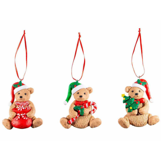 Set 3 ornamente brad Ursuleti polirasina multicolora 7x8 cm