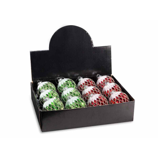 Set 12 globuri brad Craciun sticla verde rosie alba 8 cm