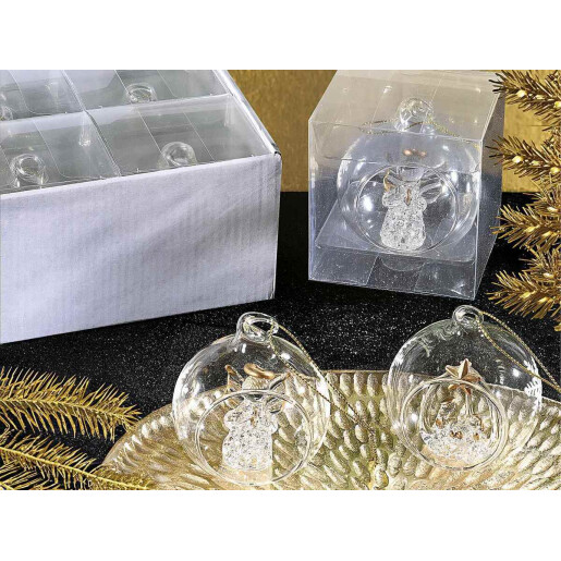 Set 16 globuri brad Craciun sticla transparenta aurie 6 cm