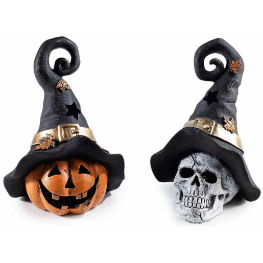 Set 2 figurine Halloween Dovleac Craniu polirasina textil multicolor cu leduri cm 13,5 x 11 x 18,5 H