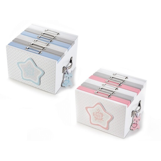 Set 2 albume foto 2 x 6 compartimente din lemn alb roz albastru 21 cm x 17 cm x 13 h