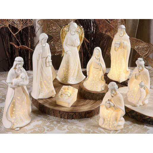 Set 8 figurine Nasterea Domnului portelan alb auriu leduri 10.5x8.5x20.5 cm