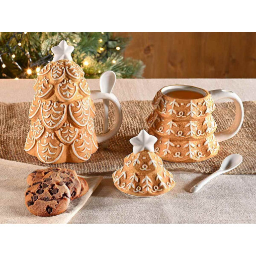 Set 2 cani Craciun ceramica alba maro Ø 11 cm x 17.5 H, 400 ml