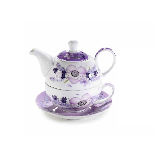 Set 2 ceainice, 2 cesti portelan alb mov Lavanda 16x10.5x13 cm, 400 ml, 250 ml