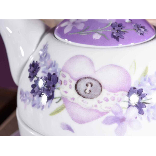 Set 2 ceainice, 2 cesti portelan alb mov Lavanda 16x10.5x13 cm, 400 ml, 250 ml