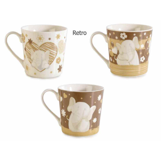 Set 3 cani portelan alb maro Elefanti Ø 9,5 cm x 9,5 H, 350 ml