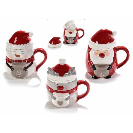 Set 3 cani cu infuzor ceai Craciun ceramica multicolora Ø 8 cm x 14 H, 400 ml