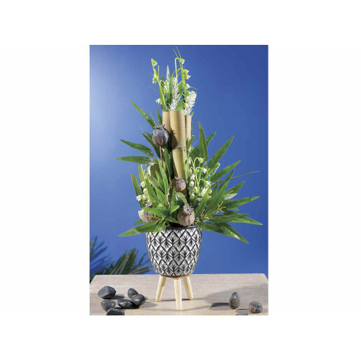 Ghiveci flori lemn natur ceramica neagra alba 10.5x14.5 cm