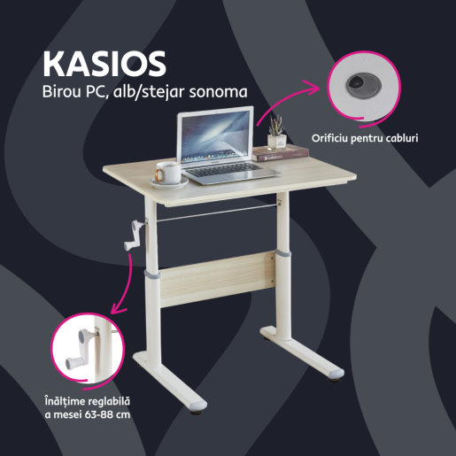 Birou inaltime reglabila alb stejar Kasios 80x60x63-88 cm