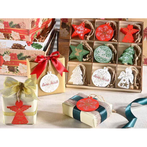 Set 72 ornamente brad Craciun lemn multicolor 25x25x2.5 cm