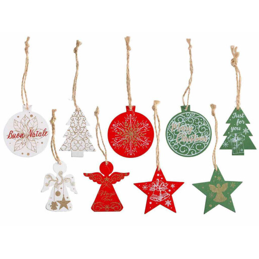 Set 72 ornamente brad Craciun lemn multicolor 25x25x2.5 cm