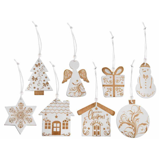 Set 144 ornamente brad Craciun lemn alb auriu 6x5 cm