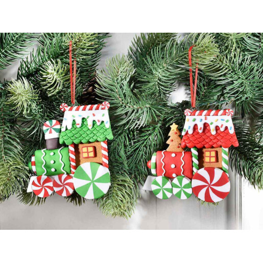 Set 2 ornamente brad Trenulet polirasina multicolora 10.5x10 cm