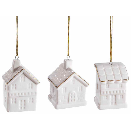 Set 9 ornamente brad Casute portelan alb auriu cm 4,5 x 3,5 x 7 H