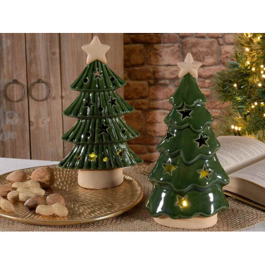 Set 2 Brazi Craciun ceramica maro verde cu led cm 13,5 x 6 x 23 H