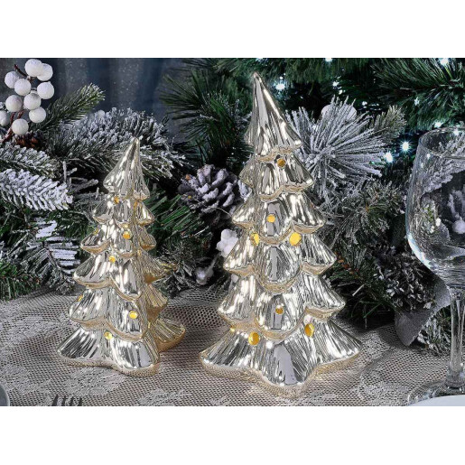 Set 2 Brazi Craciun ceramica argintie cu led 13x13,5x24,5 H, 11 x 10,5 x 18,5 H