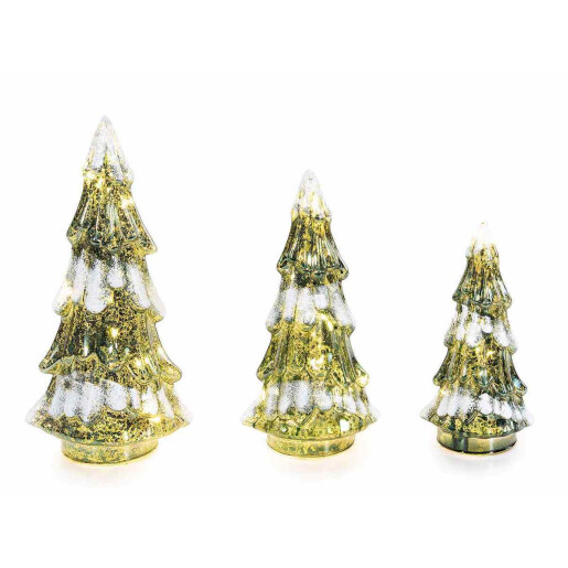 Set 3 brazi Craciun sticla verde alba cu led cm 13 x 10,5 x 26 H, 10,5 x 8,5 x 22 H, 8,5 x 7 x 17,5 H