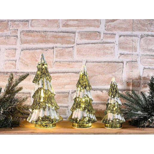 Set 3 brazi Craciun sticla verde alba cu led cm 13 x 10,5 x 26 H, 10,5 x 8,5 x 22 H, 8,5 x 7 x 17,5 H