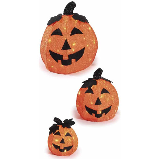 Set 3 Dovleci Halloween poliester portocaliu negru cu leduri Ø 17 x 21 H, Ø 25 x 29 H, Ø 33 cm x 38 H