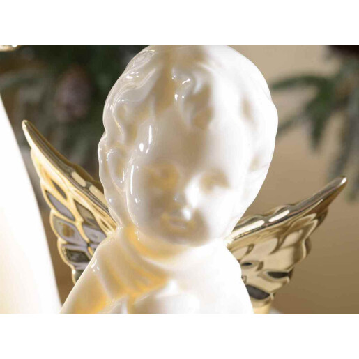 Set 2 figurine Ingeri portelan alb auriu cu led 9.5x9x19.5 cm