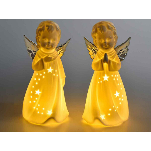 Set 2 figurine Ingeri portelan alb auriu cu led 9.5x9x19.5 cm