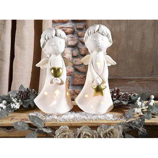 Set 2 figurine Ingeri portelan alb auriu cu led cm 11,5 x 10 x 24 H