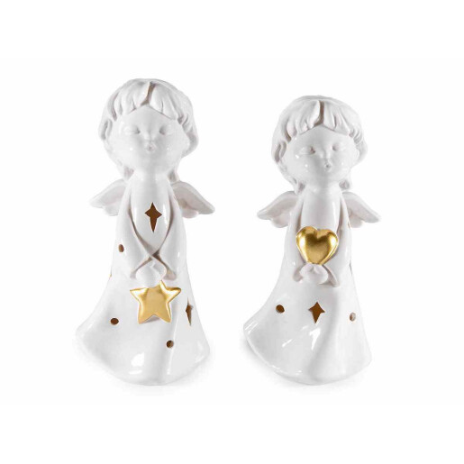 Set 2 figurine Ingeri portelan alb auriu cu led cm 11,5 x 10 x 24 H