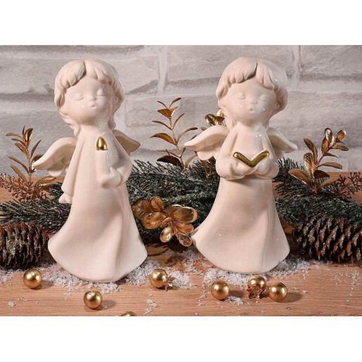 Set 2 figurine Ingeri portelan alb auriu 8.5x7.5x16 cm