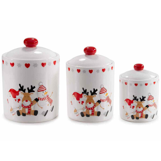 Set 3 borcane Craciun ceramica multicolora Ø 14,5 cm x 20 H, Ø 12,5 x 18 H, Ø 10 x 14 H