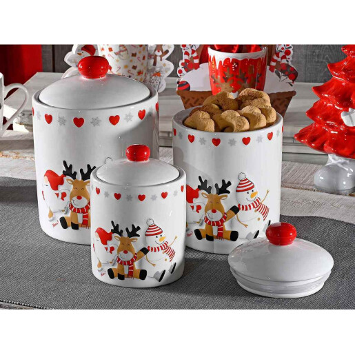 Set 3 borcane Craciun ceramica multicolora Ø 14,5 cm x 20 H, Ø 12,5 x 18 H, Ø 10 x 14 H