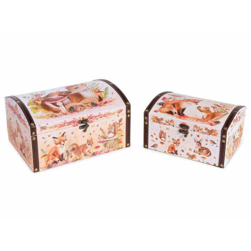 Set 2 cufere depozitare lemn, Caprioara si Veverite 28x20,5x15,5 H, 23 x 16,5 x 12,5 H