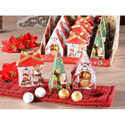 Set 4 bombe baie in cutie cadou Craciun III cm 6 x 5 x 14 H, 4 x 15 gr