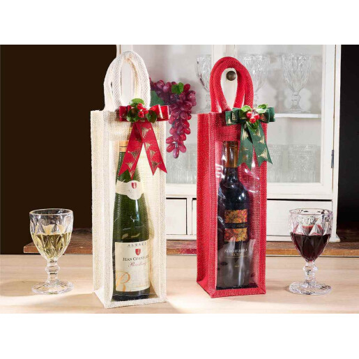 Set 8 gentute cadouri sticle vin iuta rosie natur cm 11x11x46 H