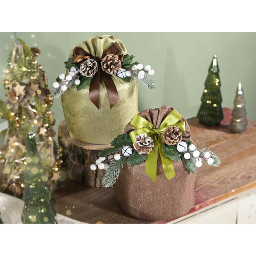 Set 6 saculeti Craciun textil maro verde Ø23cmx30H 