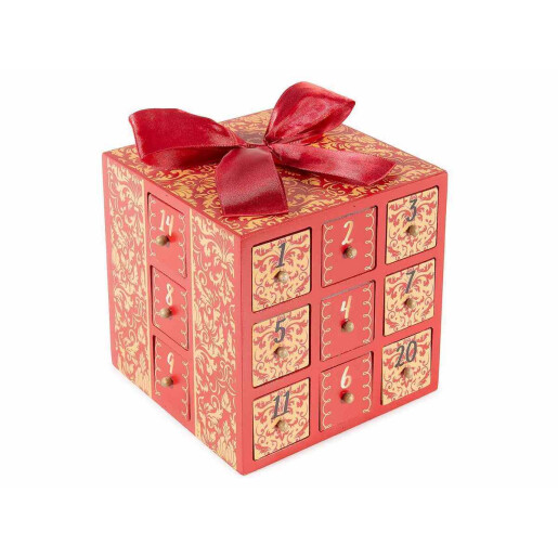 Calendar Advent lemn rosu natur 14.5x14.5x13.5 cm