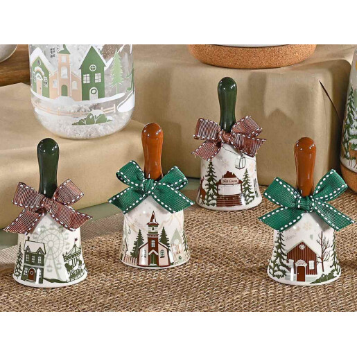 Set 4 clopotei Craciun ceramica textil multicolor 5x10 cm