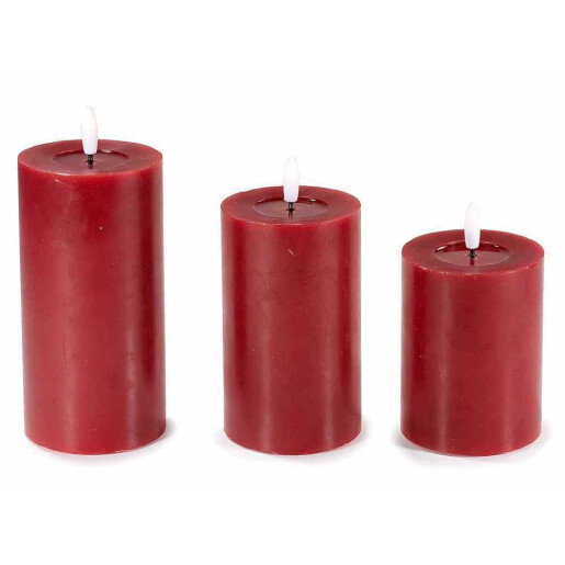 Set 3 lumanari ambientale cu led ceara rosie Ø 7,5 cm x 17,5 H, Ø 7,5 x 15,5 H, Ø 7,5 x 12,5 H