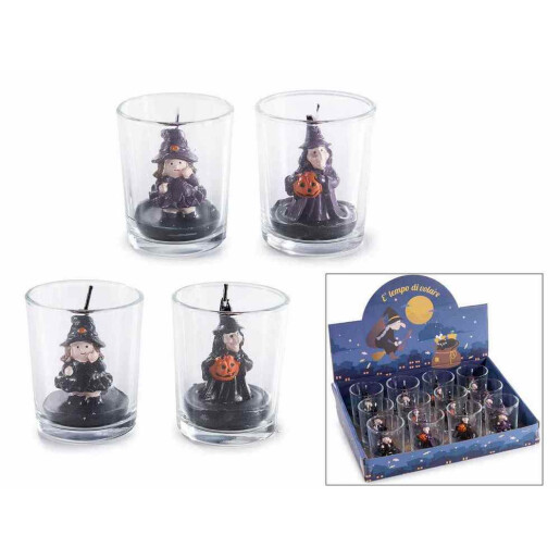 Set 4 lumanari Halloween Vrajitoare ceara in pahar sticla  Ø 5,5 x 6,5 H