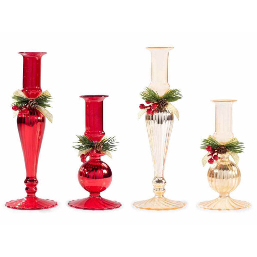 Set 4 sfesnice Craciun sticla rosie aurie 7.5x23 cm, 7.5x15.5 cm
