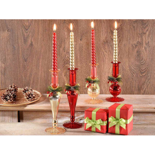 Set 4 sfesnice Craciun sticla rosie aurie 7.5x23 cm, 7.5x15.5 cm