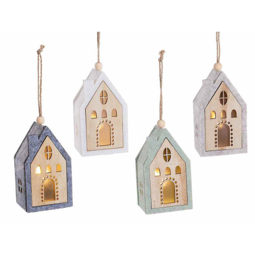 Set 4 Casute Craciun textil lemn multicolor cu led cm 5,5 x 4,5 x 10 H