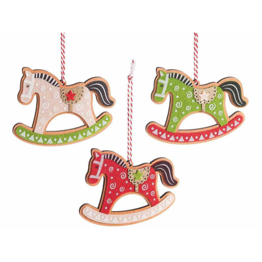 Set 3 ornamente brad Craciun Caluti lemn multicolor cm 11 x 9 H