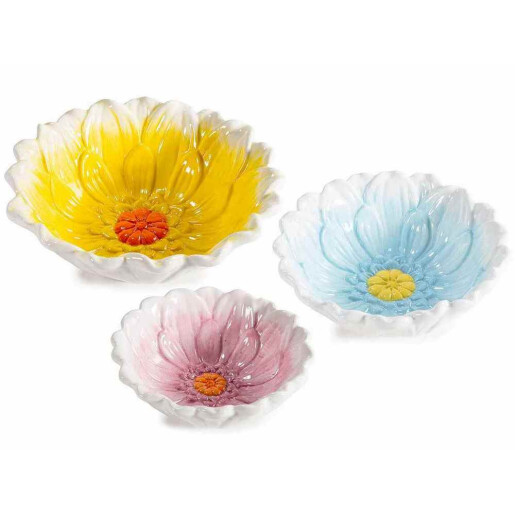 Set 3 boluri ceramica multicolora Floare Ø 21 cm x 7 H,  Ø 18 x 6 H, Ø 15,5 x 5,5 H